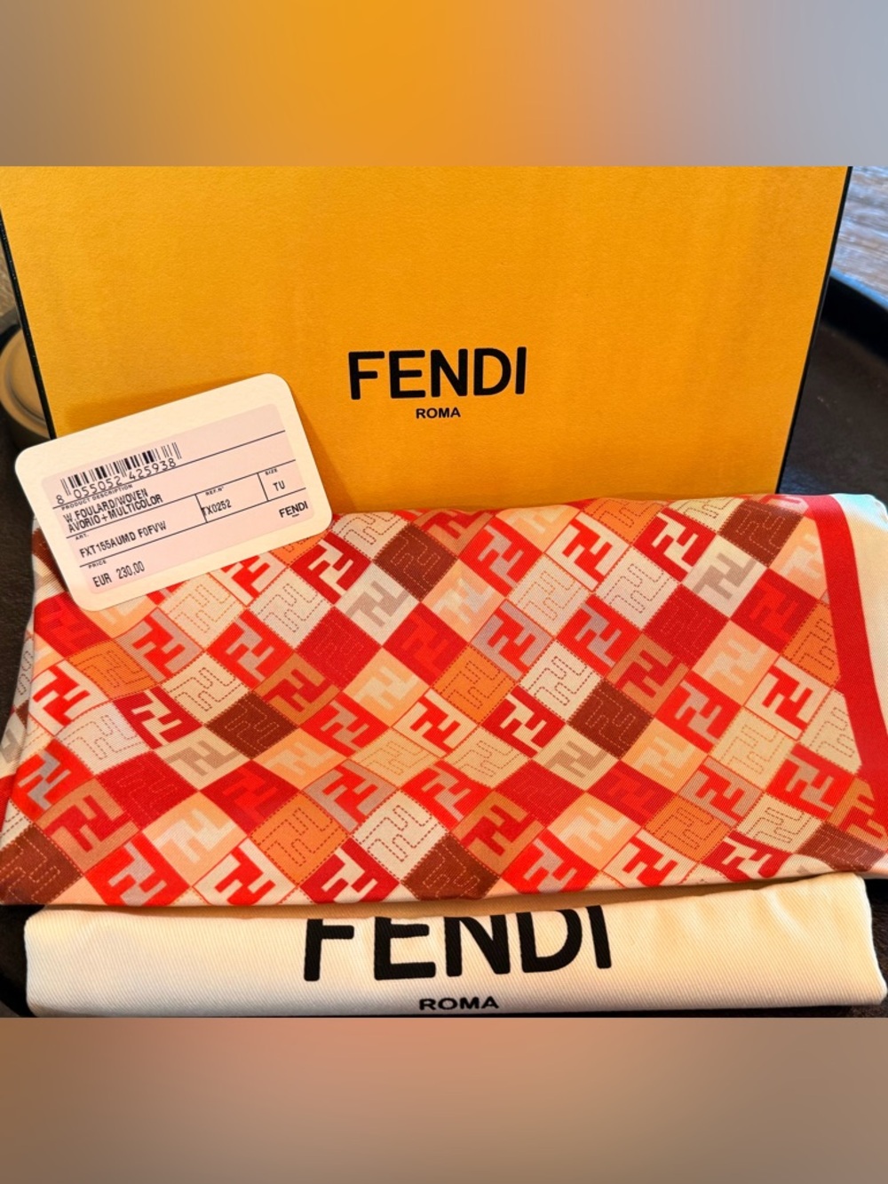 New! Fendi Foulard Silk Scarf! Orange/Tan